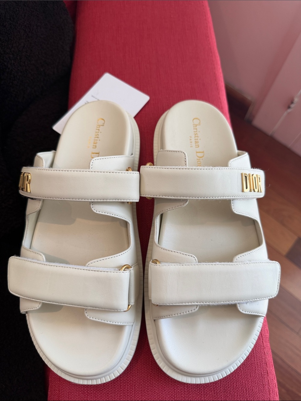 Dior Cream Leather Double-Strap Slide Sandals with Gold Logo